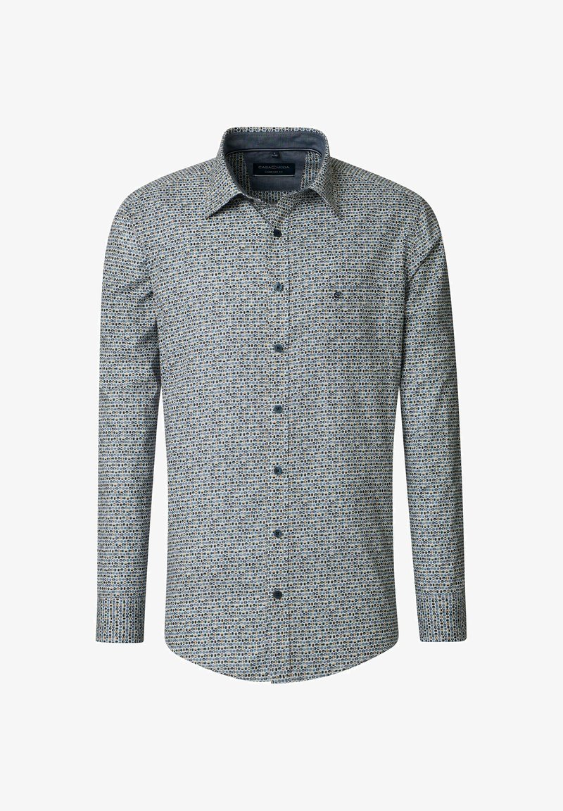 Long-sleeve button-up shirt in a blue, white, and beige geometric pattern, made of lightweight fabric with a neat collar and dark buttons.