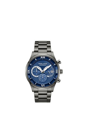 Reloj de pulsera de metal plateado con esfera azul texturizada, números romanos, tres subesferas, indicador de fecha y botones de cronógrafo en el lado derecho.
