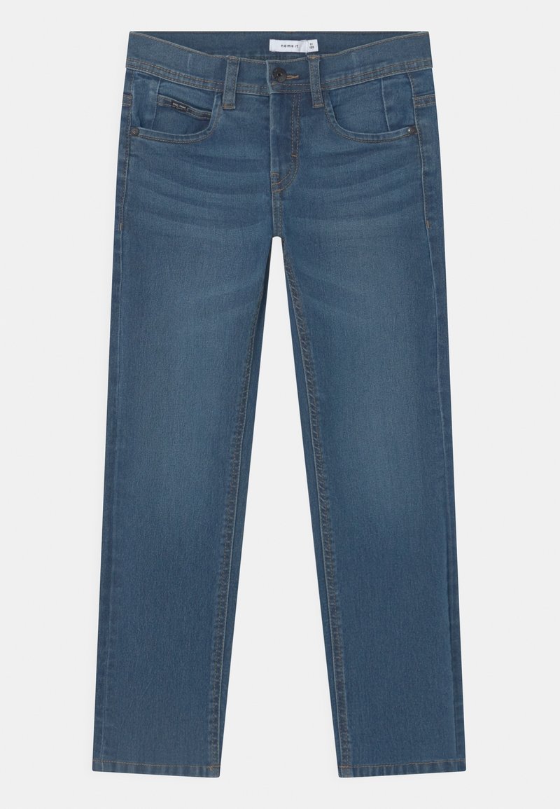 Jean bleu à coupe droite avec conception à cinq poches, fermeture par boutons, et légère décoloration sur l'avant des cuisses et des hanches.