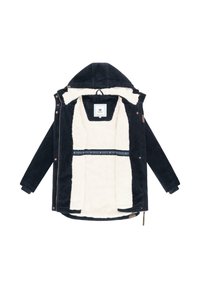 Marinblå kordurkappa med en krämfärgad fuskpälsfoder och huva, som har dragkedjestängning, tryckknappar och ett märkesband inuti.