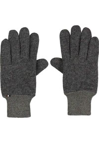 Gants en laine gris avec des poignets côtelés, présentant une finition texturée et un design qui couvre les cinq doigts. Pas de motifs ou logos visibles.