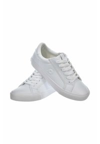 Białe sneakersy z gładką skórzaną powierzchnią, płaską gumową podeszwą, okrągłym czubkiem i sześcioma oczkami na sznurowadła. Charakteryzują się subtelnym przeszyciem i detalem z logo.