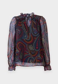 Prozirna bluza s nabranim ovratnikom i napuhanim rukavima. Ima šarenasti paisley uzorak na tamnoj pozadini. Elastični manžeti.
