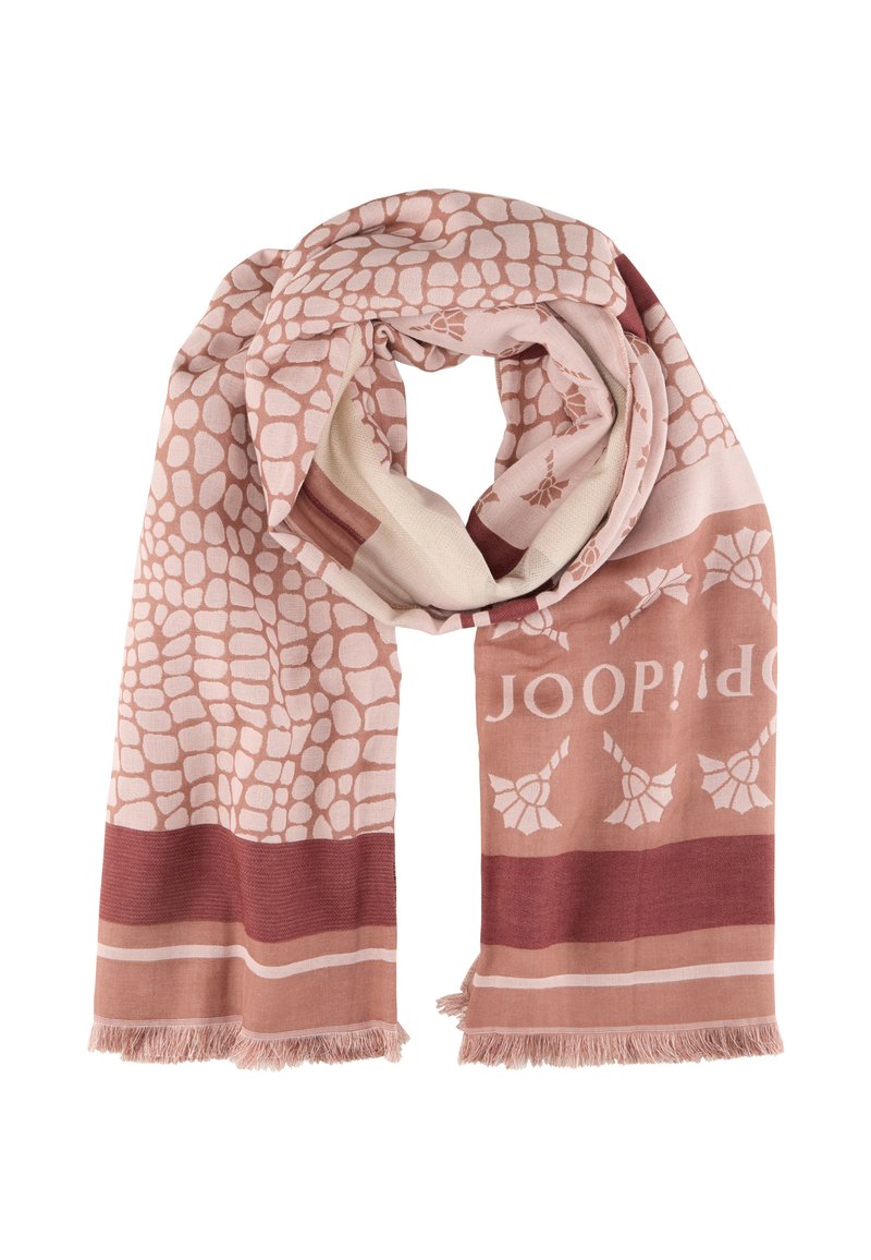 Écharpe rose et beige avec un motif texturé, des rayures audacieuses à chaque extrémité et des détails de frange. Tissu léger et doux.