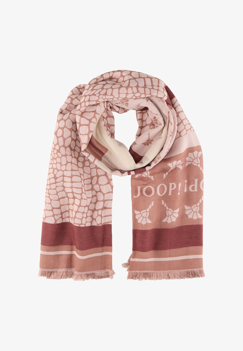 Roze en beige sjaal met een gestructureerd patroon, gedurfde strepen aan beide uiteinden en franjes. Lichtgewicht, zachte stof.