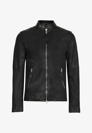 Black leather jacket with a high collar, front zip closure, and two zippered pockets, featuring a smooth texture and fitted design.