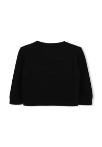 Maglione nero a maglia con maniche lunghe e scollatura rotonda. Presenta una texture liscia e una vestibilità comoda, senza marchi o decorazioni visibili.
