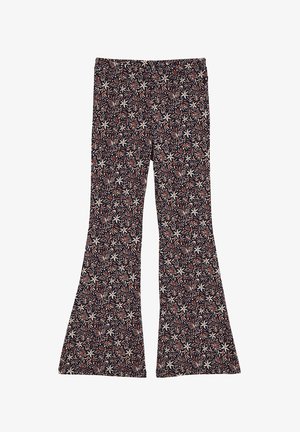 Women's flared pants with a black base and an all-over floral pattern in white and rust tones.