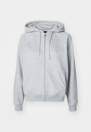 Grå bomull hettegenser med full glidelås, justerbar snorhette, raglanermer, frontlommer og ribbede mansjetter og nederkant.