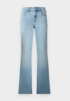 Ανοιχτό μπλε τζιν παντελόνι με υψηλή μέση και ίσια γραμμή, με τσέπες εμπρός και πίσω, κούμπωμα με κουμπί και θηλιές για ζώνη.