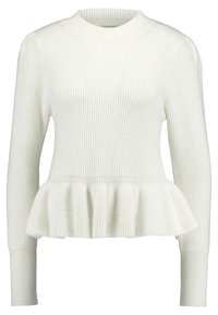 Valkoinen ribbineulainen neule, jossa on liehulahkeinen helma, pitkät hihat ja pyöreä pääntie. Pehmeä rakenne ja hillitty vyötärön levenevä muotoilu.