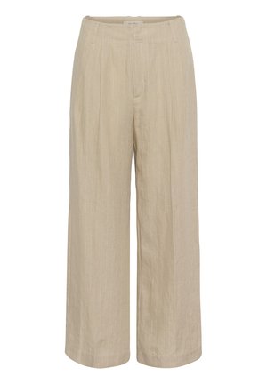 Bézs lenből készült, bőszárú nadrág finom fehér vékony csíkokkal, elől záródó, övbújtatós, magas derekú.