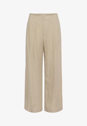 Beige Leinenhose mit weitem Bein, dezenten weißen Nadelstreifen, Frontverschluss, Gürtelschlaufen und hoher Taille.