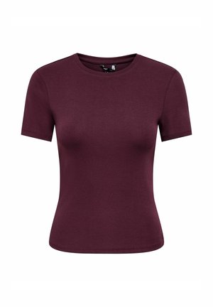 Short-sleeve, fitted crew-neck t-shirt in dark burgundy, displayed on a plain white background.