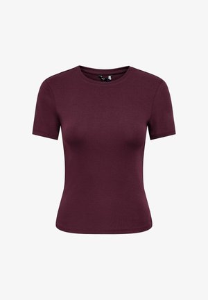 Short-sleeve, fitted crew-neck t-shirt in dark burgundy, displayed on a plain white background.