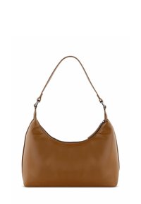 Sac à épaule en cuir marron avec une forme courbée, une seule poignée supérieure et une fermeture zippée. Texture lisse, matériel minimal et pas de motifs visibles.