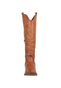 Botas de cuero marrón estilo vaquero con un caña alta, costuras decorativas, punta afilada y tacón bajo. Cremallera lateral para facilitar su uso.