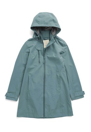 Wasserabweisender türkisfarbener Regenmantel mit Kapuze, Reißverschluss und gestreiftem Innenfutter; verfügt über verstellbare Bündchen und einen geraden Schnitt.