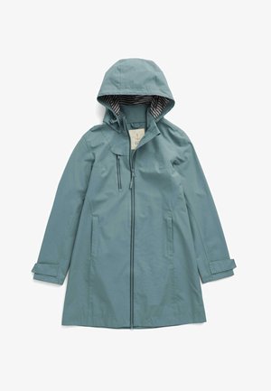 Wasserabweisender türkisfarbener Regenmantel mit Kapuze, Reißverschluss und gestreiftem Innenfutter; verfügt über verstellbare Bündchen und einen geraden Schnitt.