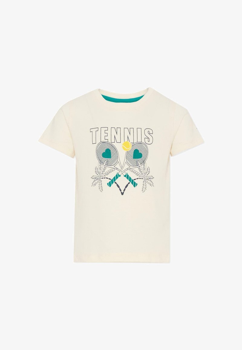 T-shirt écru à manches courtes avec des raquettes de tennis croisées ornées de formes de cœur turquoise, une balle de tennis jaune au-dessus et le texte "TENNIS" en haut.