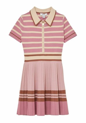 Sukienka z krótkim rękawem i kołnierzykiem w różowo-beżowe paski, z przednim zamkiem błyskawicznym i plisowanym dołem z brązowymi i beżowymi paskami.
