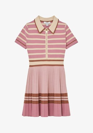 Kleid mit kurzen Ärmeln und Kragen in pinken und beigen Streifen, mit einem Reißverschluss vorne und einem plissierten Rock mit braunen und beigen Akzentbändern.