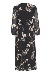 Melna plīša kleita ar garām piedurknēm, ar ziedu rakstu bēšā un brūnā krāsā. Viegls, plūstošs audums ar pieguļošu jostasvietu.