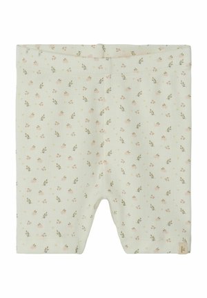 Ljusgröna ribbade shorts med ett blommönster som har små rosa blommor och gula prickar. Inkluderar en sydd etikett i nedersta vänstra hörnet.