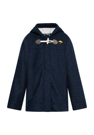 Marineblaue Kapuzenjacke aus strukturiertem Stoff mit Holzknopfverschluss, gelber Regenschirmstickerei und zwei Seitentaschen.