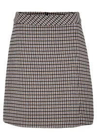 Mini-jupe taille haute avec motif pied-de-poule multicolore en tissu noir, blanc, beige et bleu clair.