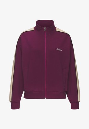 Paarse zip-up jas met een hoge kraag, contrasterende beige accenten op de schouders en voorzakken. Voorzien van een geborduurd logo.