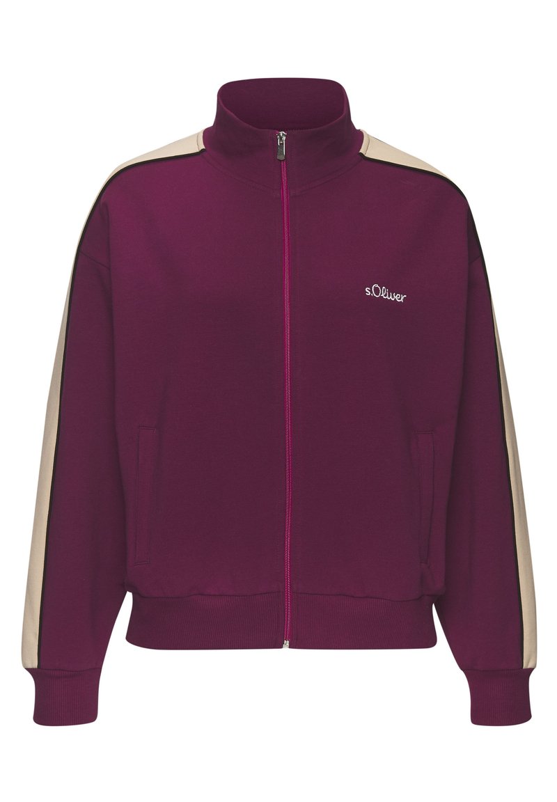 Violet zip-up striukė su aukštu apykakle, kontrastingais smėliniais akcentais ant pečių ir priekinėmis kišenėmis. Ugdo siuvinėtą logotipą.