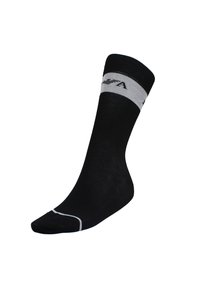 Calcetín negro con una textura suave, banda de acento gris en la parte superior y detalle de costura blanca cerca de la zona del dedo del pie. Tejido elástico para un ajuste ceñido.