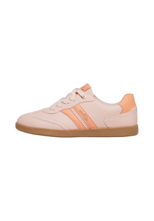 Hellrosa Sneaker mit pfirsichfarbenen Akzenten, Schnürsenkeln und Gummisohle, mit zwei Seitenstreifen und niedrigem Design.