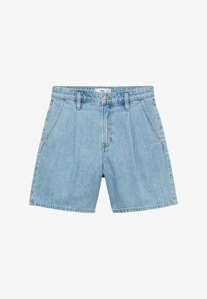 Jasnoniebieskie szorty dżinsowe o luźnym fasonie, z plisami z przodu, kieszeniami po bokach oraz zapięciem na guziki i suwak. Gładka tekstura.