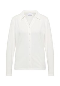 Weißes Langarm-Hemd mit Knöpfen aus weichem Stoff, mit einem Kragen und einer leicht taillierten Passform. Einfaches und vielseitiges Design.