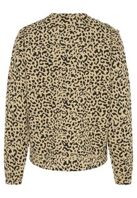 Felpa con stampa leopardata in beige e nero, caratterizzata da maniche lunghe e un orlo arrotondato. La texture del tessuto sembra morbida e confortevole.