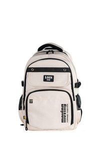 Mochila beige con acentos negros, múltiples compartimentos con cremallera, bolsillos laterales de malla, con el logo "LOIS" y el texto "avanzando juntos".
