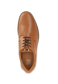 Brown leather lace-up shoe with a textured surface, round toe, contrasting dark laces, and a smooth interior lining.