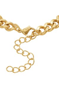 Goldkette mit ineinandergreifenden Gliedern, einem Karabinerverschluss und einer kurzen Verlängerungskette mit ovalen Gliedern. Glatte, glänzende Oberfläche.