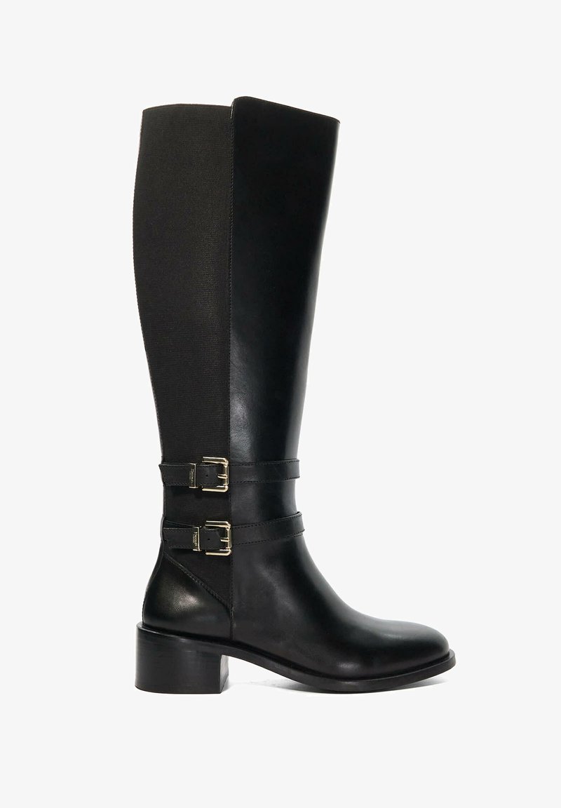 Knee-high black leather boots with elastic side panels, two adjustable buckles, and a chunky heel, featuring a smooth texture and classic design.