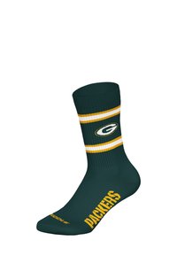 Zielone skarpetki w żółte paski z okrągłym logo. Napis "PACKERS" w kolorze żółtym na palcu. Wykonane z elastycznego, prążkowanego materiału.