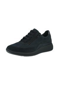 Black casual sneaker with lace-up front, side zipper, suede texture, and thick rubber sole, angled to show outer side and toe.