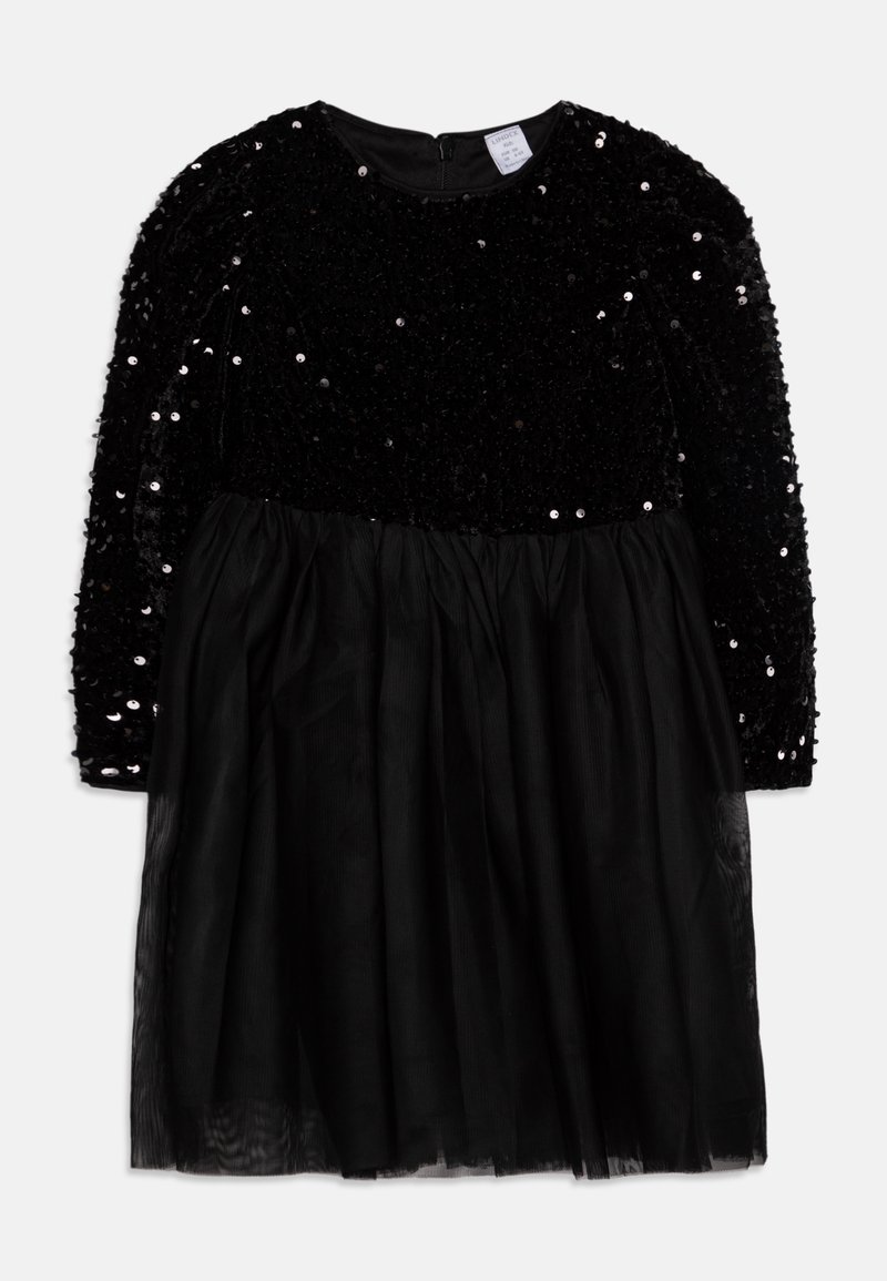 Robe noire à manches longues avec corsage en velours à sequins et jupe en tulle transparent, dotée d'une fermeture éclair dans le dos et d'une taille froncée.