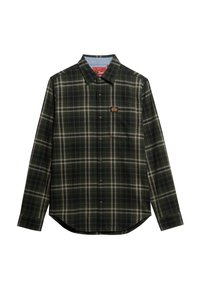 Groene en witte geruite flanellen shirt met lange mouwen, knoopsluiting aan de voorkant, afgeronde zoom en een logo detail op de borst. Lichtgewicht stof.