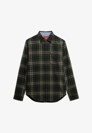 Groene en witte geruite flanellen shirt met lange mouwen, knoopsluiting aan de voorkant, afgeronde zoom en een logo detail op de borst. Lichtgewicht stof.