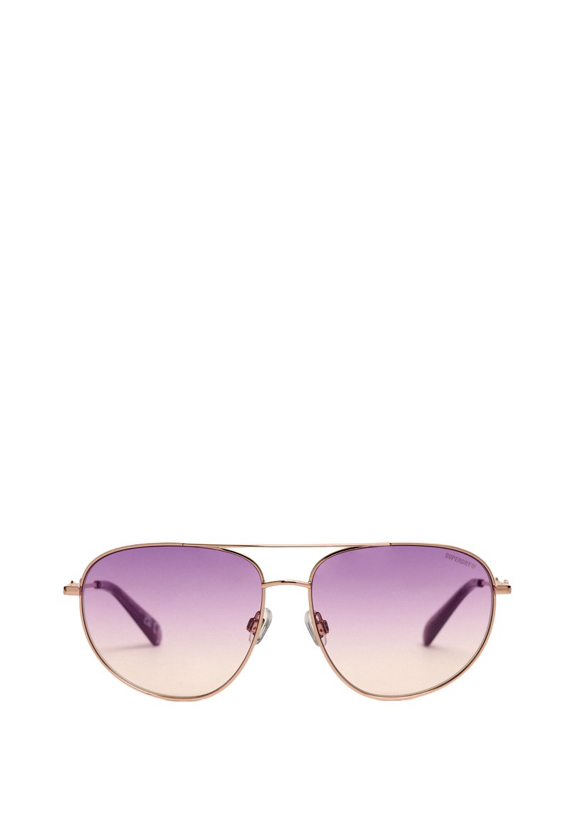 Aviatormokken met een roségouden metalen frame, paarse gradient lenzen en donkerpaarse tempels. Voorzien van verstelbare neuspads.