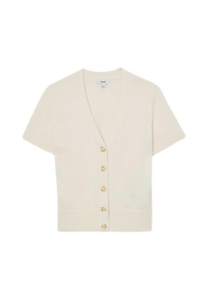 Short-sleeve cream cardigan made of knit material with a V-neck, a row of large buttons, and ribbed accents at the hem and sleeves.