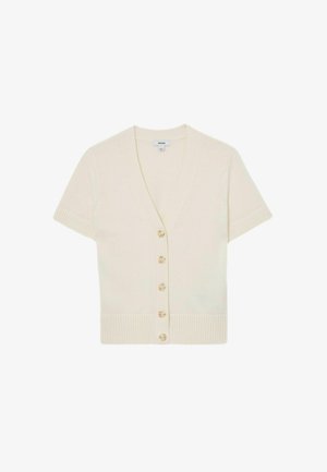 Short-sleeve cream cardigan made of knit material with a V-neck, a row of large buttons, and ribbed accents at the hem and sleeves.