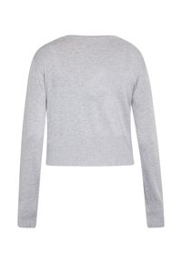 Grå, langærmet cropped sweater i en blød, glat tekstur med rund halsudskæring og uden synlige mønstre eller dekorationer.